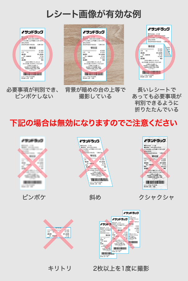 レシート画像が有効な例、無効な例